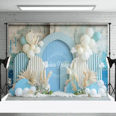 Retro Wall Blue Balloons Summer Cake Smash Backdrop - Aperturee