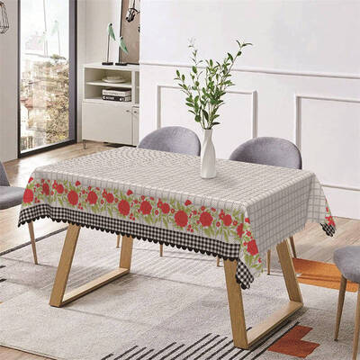 Grey Plaid Red Floral Leaves Rectangle Tablecloth - Aperturee