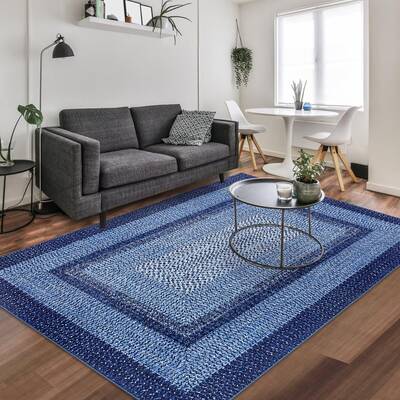 Garvee Bordered Navy Blue 8x10 Boho Braided Area Rug, Washable Vintage Low-Pile Carpet with Non-Slip TPR Backing, Foldable Po...