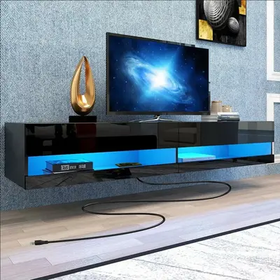 Floating TV Stand Wall Mounted with LED Lights and Power Outlets, 71’’ Modern High Gloss Entertainment Center for 85 inch...