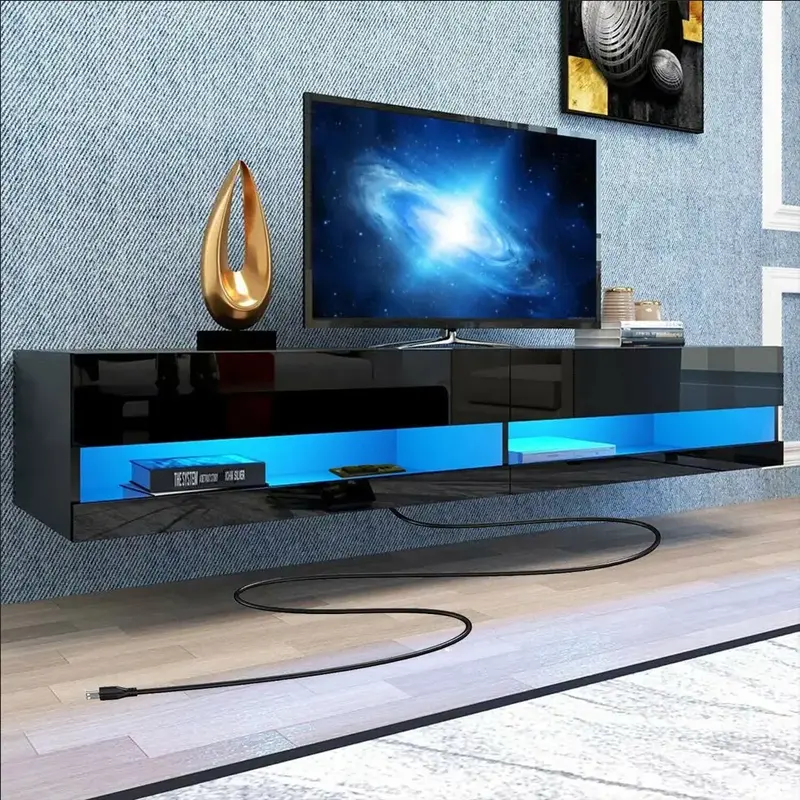 Floating TV Stand Wall Mounted with LED Lights and Power Outlets, 71’’ Modern High Gloss Entertainment Center for 85 inch...