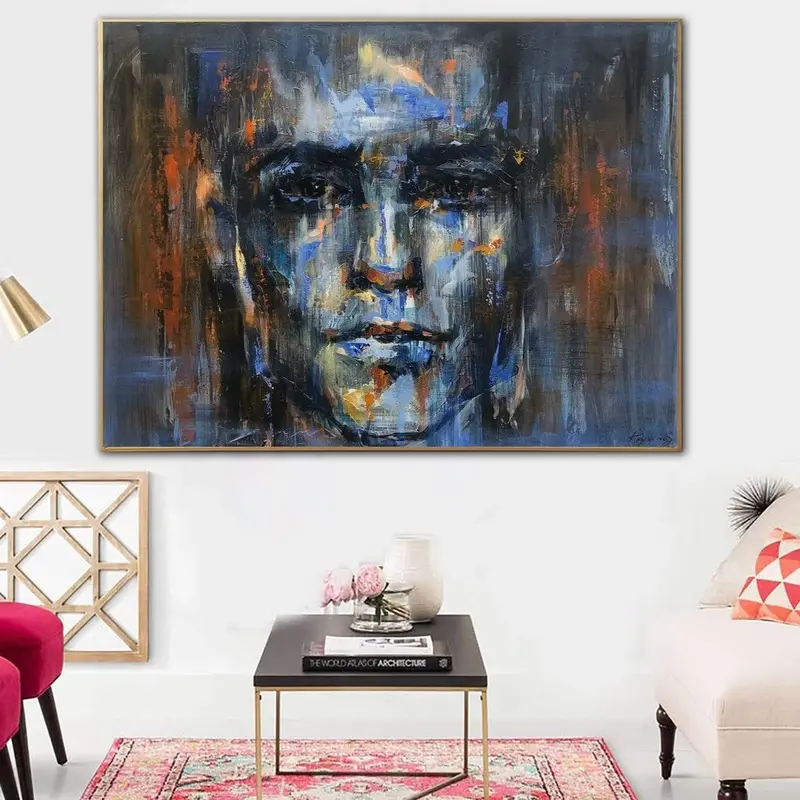 Abstract Portrait Paintings On Canvas Blue Figurative Art Acrylic Face Painting Expressionist Art 30x40 Textured Painting Gla...