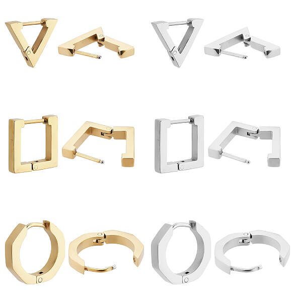 DICOSMETIC 6 Pairs 3 Styles Golden and Stainless Steel Color Huggie Hoop Earrings Triangle Hoop Earrings Square Shaped Earrin...