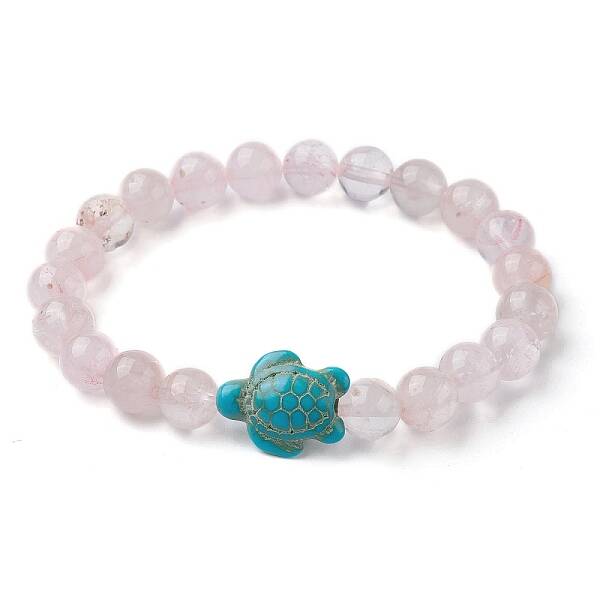 Natural Rose Quartz & Synthetic Turquoise Turtle Beaded Stretch Bracelet
