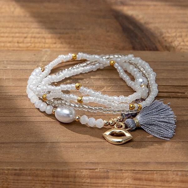 Bohemian Vacation Style Glass Beaded Stackable Stretch Bracelets Set for Women