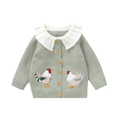 Toddler Baby Girl Knit Cardigan Doll Collar Long Sleeve Rooster Embroidery Button Down Sweater Infant Winter Outfit