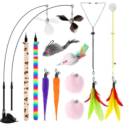 4-in-1 Interactive indoor Cat Feather Toys - 12Pcs Durable Fishing Pole Cat Feather Toy Replacements - Enhanced Suction Cup C...
