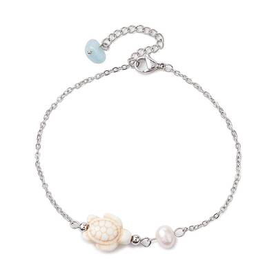 Synthetic Turquoise & Natural Freshwater Pearl Link Anklets