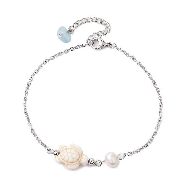 Synthetic Turquoise & Natural Freshwater Pearl Link Anklets