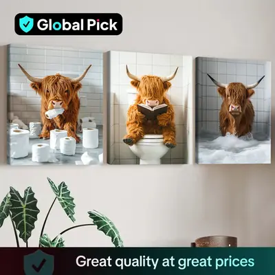 Highland Cow Pattern Canvas Framed Painting, 3 Counts Modern Wall Art Painting, Wall Art Decor for Home Interior Living Room ...