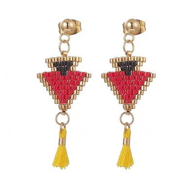 Glass Seed Braided Triangle with Cotton Tassel Dangle Stud Earrings