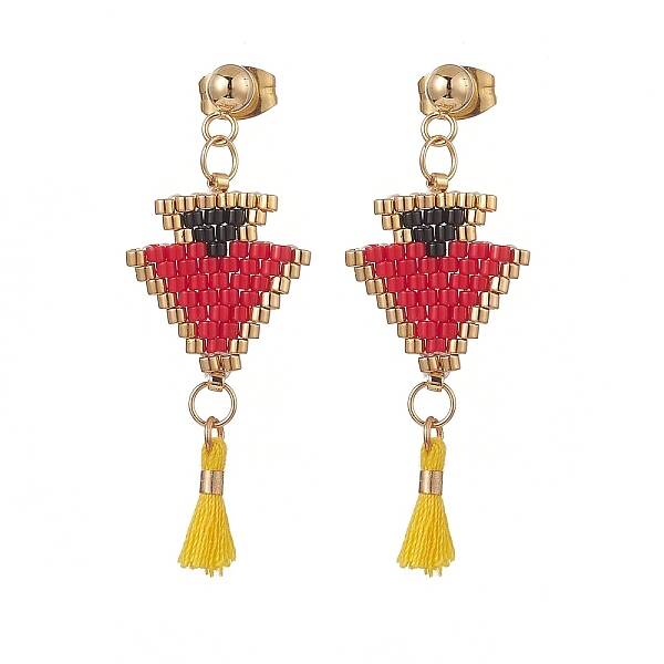 Glass Seed Braided Triangle with Cotton Tassel Dangle Stud Earrings