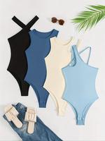 Women's Solid Color Bodysuit, Casual Slim Sleeveless Bodysuit for Beach Holiday Vacation, Ladies Skinny Clothes for All Seaso...