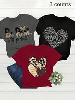 Women's Leopard Heart & Letter Print Round Neck Tee, Casual Short Sleeve T-shirt for Summer, Ladies Clothes for Daily Wear, C...