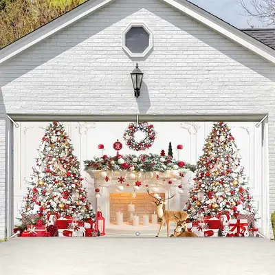 Aperturee White Luxury Fireplace Christmas Garage Door Banner