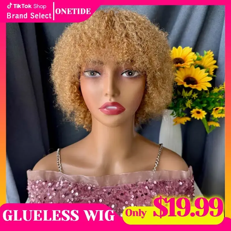 Glueless Wigs Human Hair Short Afro Kinky Curly Blonde Wigs For Women 100% Human Hair Put on & go Soft and Fluffy Glueless Wi...