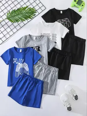 Boy's Letter Print Short Sleeve Tee & Elastic Waist Shorts Set, Casual Round Neck T-shirt & Shorts Set, Summer Clothes for Ki...