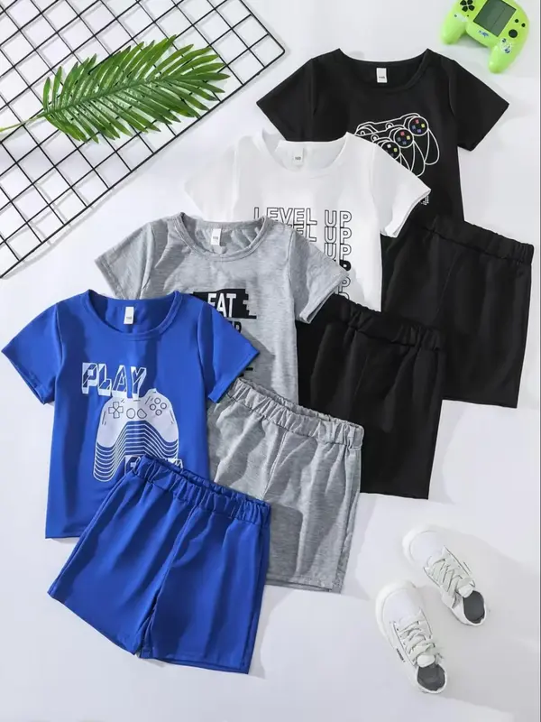 Boy's Letter Print Short Sleeve Tee & Elastic Waist Shorts Set, Casual Round Neck T-shirt & Shorts Set, Summer Clothes for Ki...
