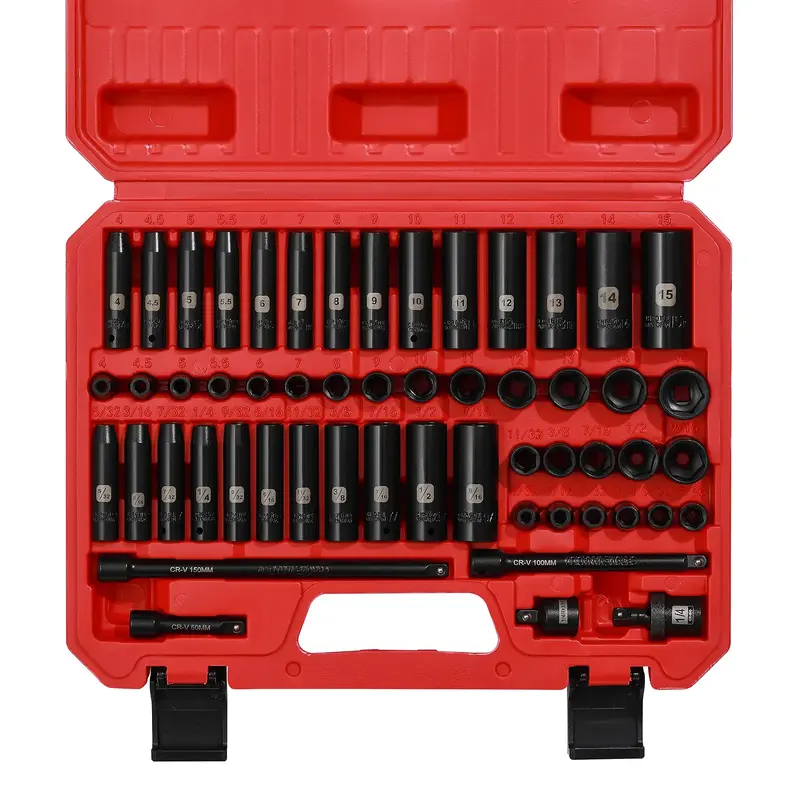 55PCS 1/4 Inch Drive Master Impact Socket Set, Metric/SAE, Deep/Shallow, 6 Point, CR-V, 5/32 Inch - 9/16 Inch, 4mm - 15mm, wi...