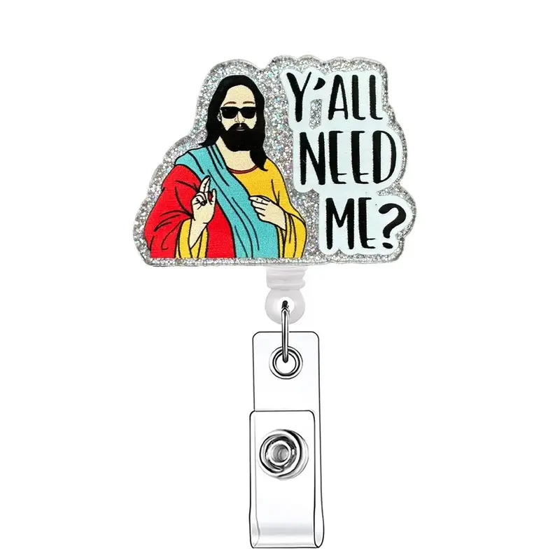Jesus Pattern Retractable Badge Reel, 1 Count Acrylic ID Holder with Clip for Nurses Doctors Students Staff, Identification B...