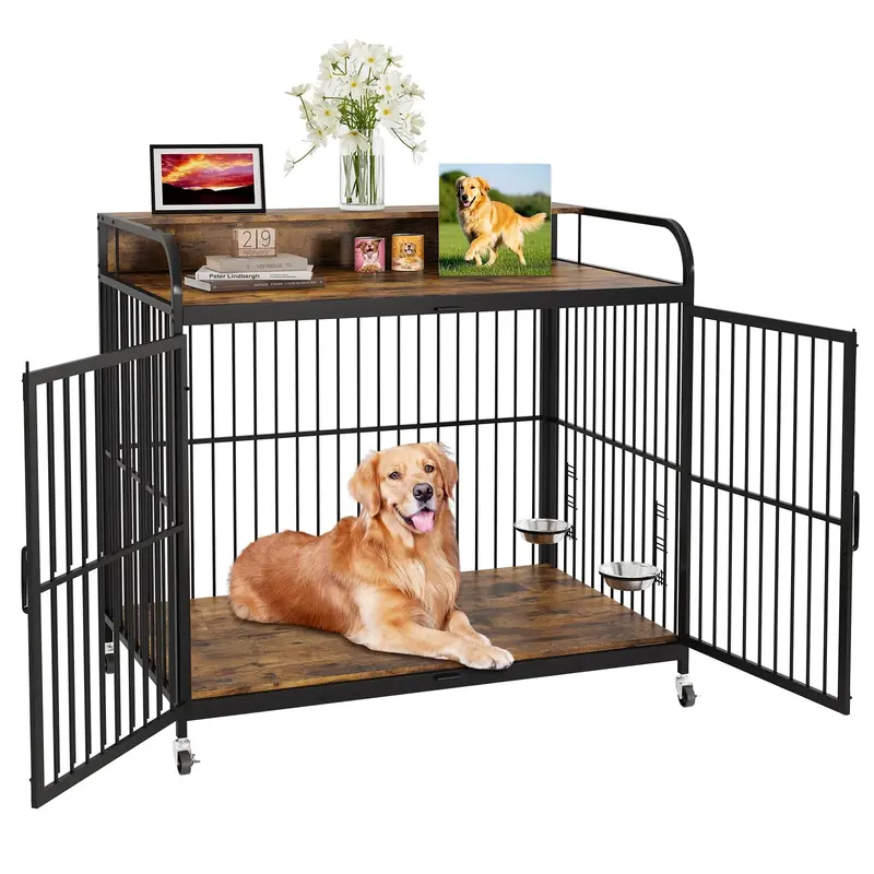 Garvee Wooden Dog Crate Furniture End Table with Adjustable Height & 360° Rotating Feeder, Heavy Duty Dog Crate with 360° W...
