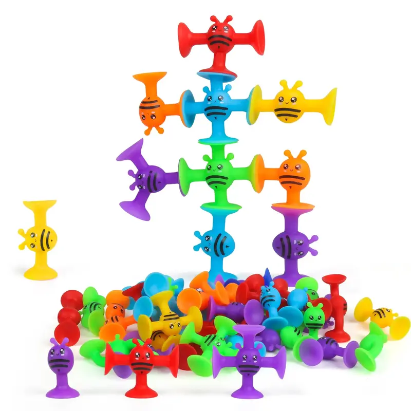 40pcs/set Mini Random Color Bees Shaped Bath Suction Cup Toy, Soft Pressure Relief Toy with Box, Educational Sensory Toy Kits...