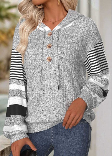 Modlily Light Grey Tummy Coverage Striped Long Sleeve Hoodie - L