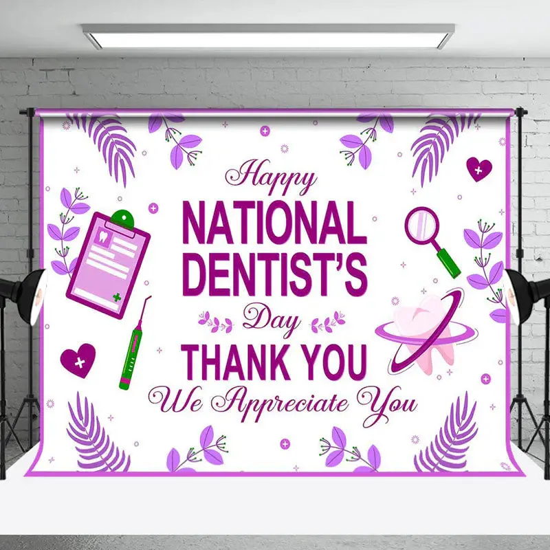 White Purple Leaf Happy National Dentists Backdrop - Aperturee