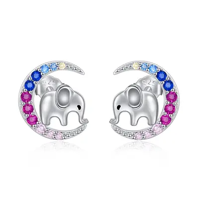 Sterling Silver Circular Shaped Cubic Zirconia Elephant & Moon Stud Earrings