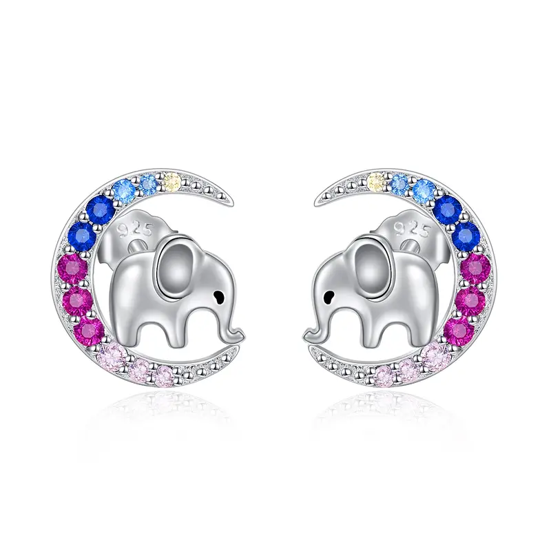 Sterling Silver Circular Shaped Cubic Zirconia Elephant & Moon Stud Earrings