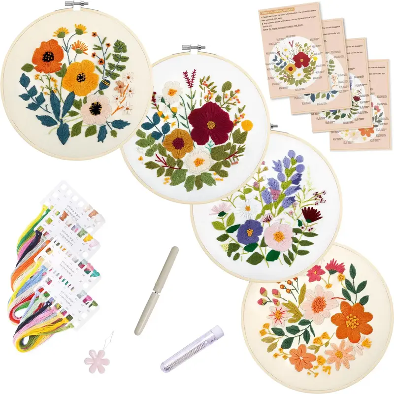 Floral Pattern DIY Embroidery Kit, 1 Set Handmade Embroidery Materials Tools, Starter Kit for Beginner, Delicate Art Craft G...