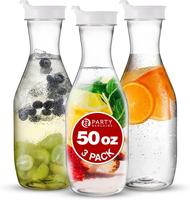 Party Bargains 50 oz. Plastic Carafe with Lids - Clear, 3 Count, White Flip Tab Lid Premium Quality & Heavy Duty Plastic Pitc...