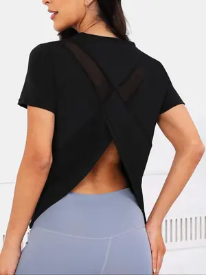 Women's Contrast Mesh Wrap Sports Tee, Casual Round Neck Short Sleeve T-shirt for Daily Outdoor Sport, Athletic Clothes, Wome...