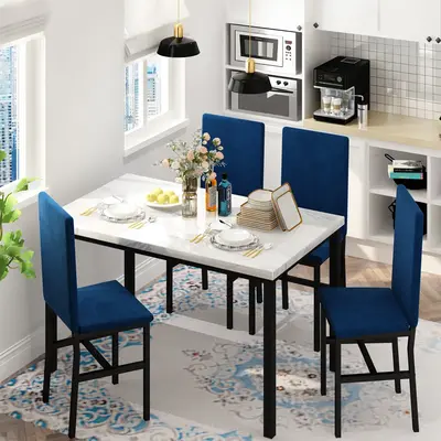 AWQM 4-Piece Dining Table Set - Space-Saving Kitchen Table with Faux Marble Top & 4 Blue Velvet Chairs for Small Dining Areas...