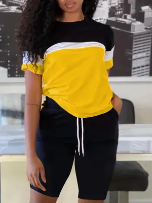 Women's Colorblock Print Tee & Drawstring Waist Shorts Set, Summer Clothes Women, Sporty Round Neck Short Sleeve T-Shirt & T...