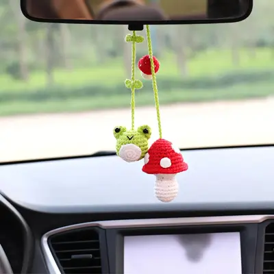 Cute Cartoon Frog & Mushroom Design Car Rearview Mirror Hanging Ornament, Handmade Car Rearview Mirror Hanging Accessories, U...