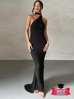 Women's Plain Ruched O-ring Backless Halter Neck Bodycon Dress, Summer Clothes Women, Elegant Maxi Dress for Evening Party Cl...