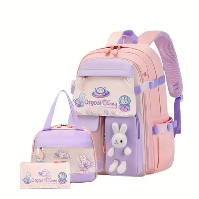 Cute Rabbit Girls Backpack Three-Piece Set: Includes Handbag and Pencil Case, Lightweight Nylon Material, Adjustable Straps