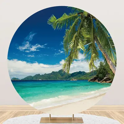 Blue Sky Trees Hawaii Beach Round Birthday Backdrop
