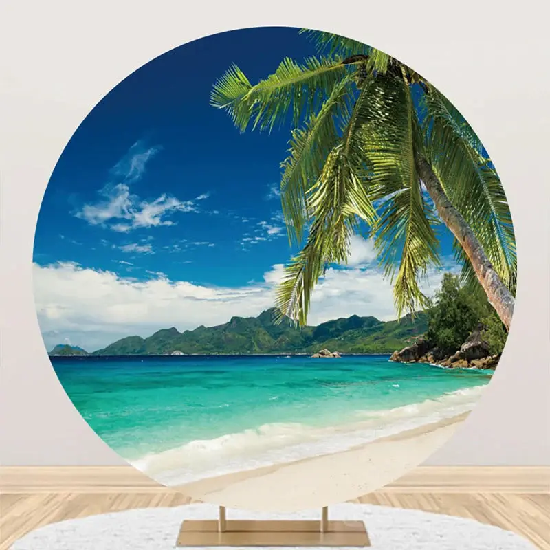 Blue Sky Trees Hawaii Beach Round Birthday Backdrop
