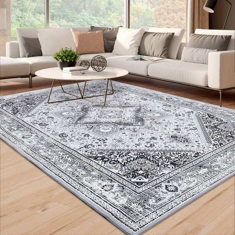 Garvee Washable Area Rug 8x10 Large Bohemian Rugs Oriental Rug Medallion Rug Non-Slip Stain-Resistant Rug, Grey Floral Patter...