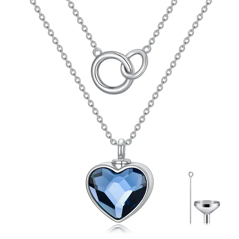 Sterling Silver Double Layer Heart Crystal & Generation Ring Urn Necklace for Ashes