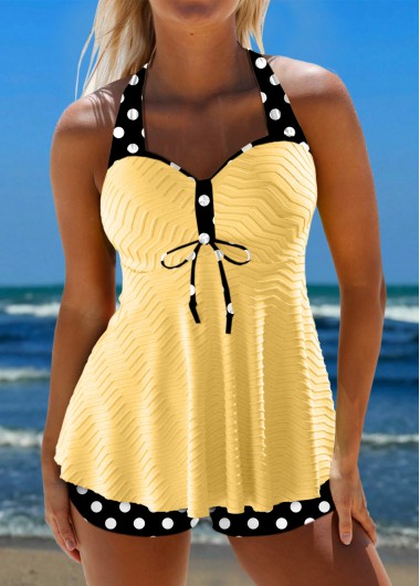 Modlily Jacquard Polka Dot Light Yellow Tankini Set - M
