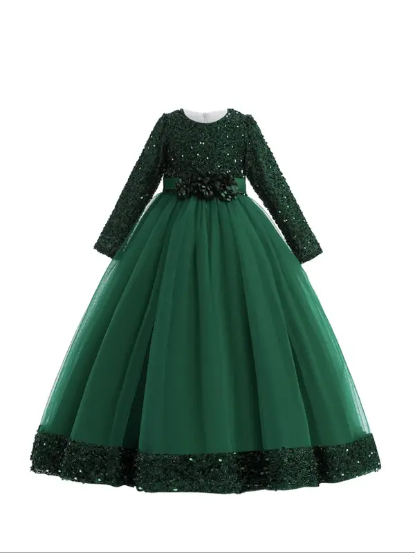 Girl's 3d Flower Decor Contrast Sequin Bow Back Tulle Fit & Flare Dress, Elegant Zipper Back Long Sleeve Satin Dress for Part...