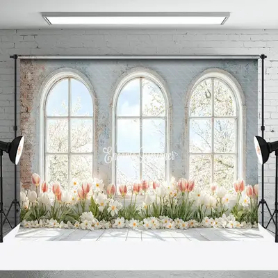 Retro White Brick Wall Window Floral Spring Backdrop - Aperturee