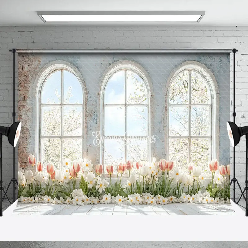 Retro White Brick Wall Window Floral Spring Backdrop - Aperturee