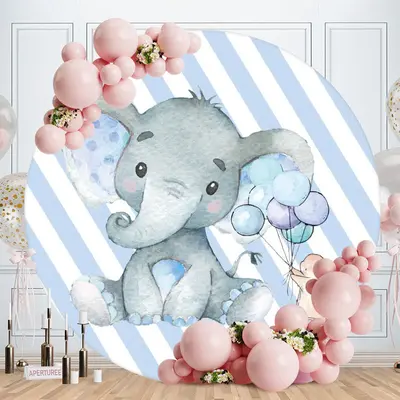 Aperturee Blue Elephant Ballon Round Baby Shower Backdrop