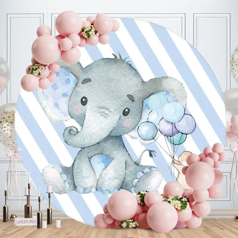 Aperturee Blue Elephant Ballon Round Baby Shower Backdrop