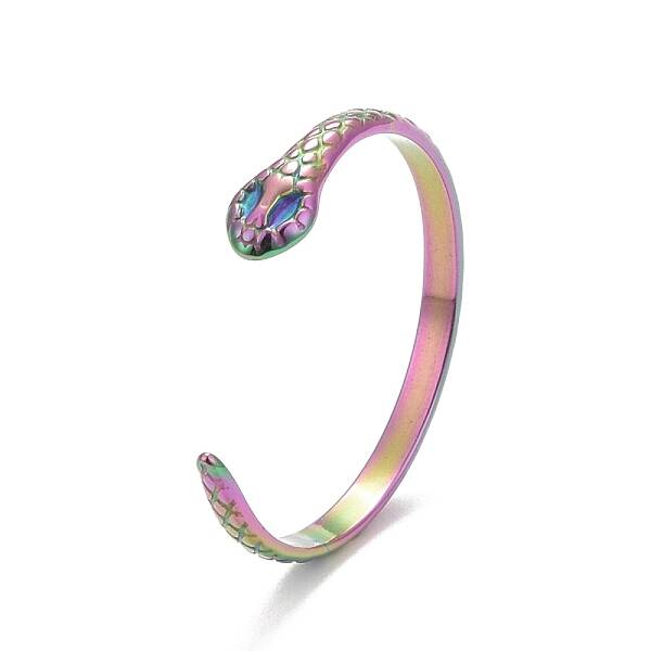 Ion Plating(IP) Rainbow Color 304 Stainless Steel Snake Wrap Open Cuff Ring for Women