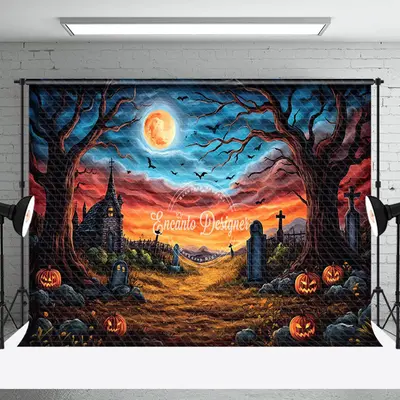 Aperturee Scary Red Blue Sky Moon Cemetery Halloween Backdrop - Aperturee